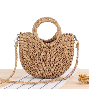 bags : Handgeweven Stro Crossbody Tas Dames - Halfrond Bohemian Design - Stro in Khaki 25cm*14cm van Pantino