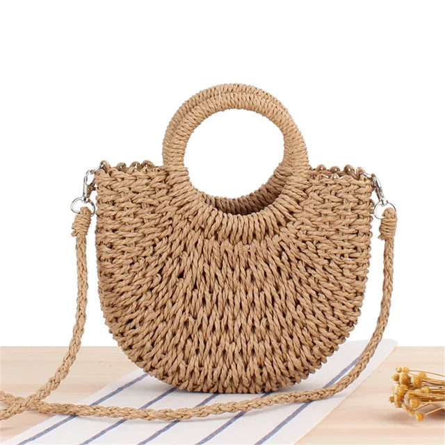 bags : Handgeweven Stro Crossbody Tas Dames - Halfrond Bohemian Design - Stro in Khaki 25cm*14cm van Pantino