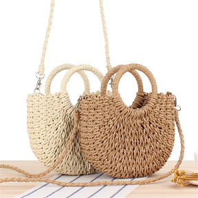 bags : Handgeweven Stro Crossbody Tas Dames - Halfrond Bohemian Design - Stro in van Pantino