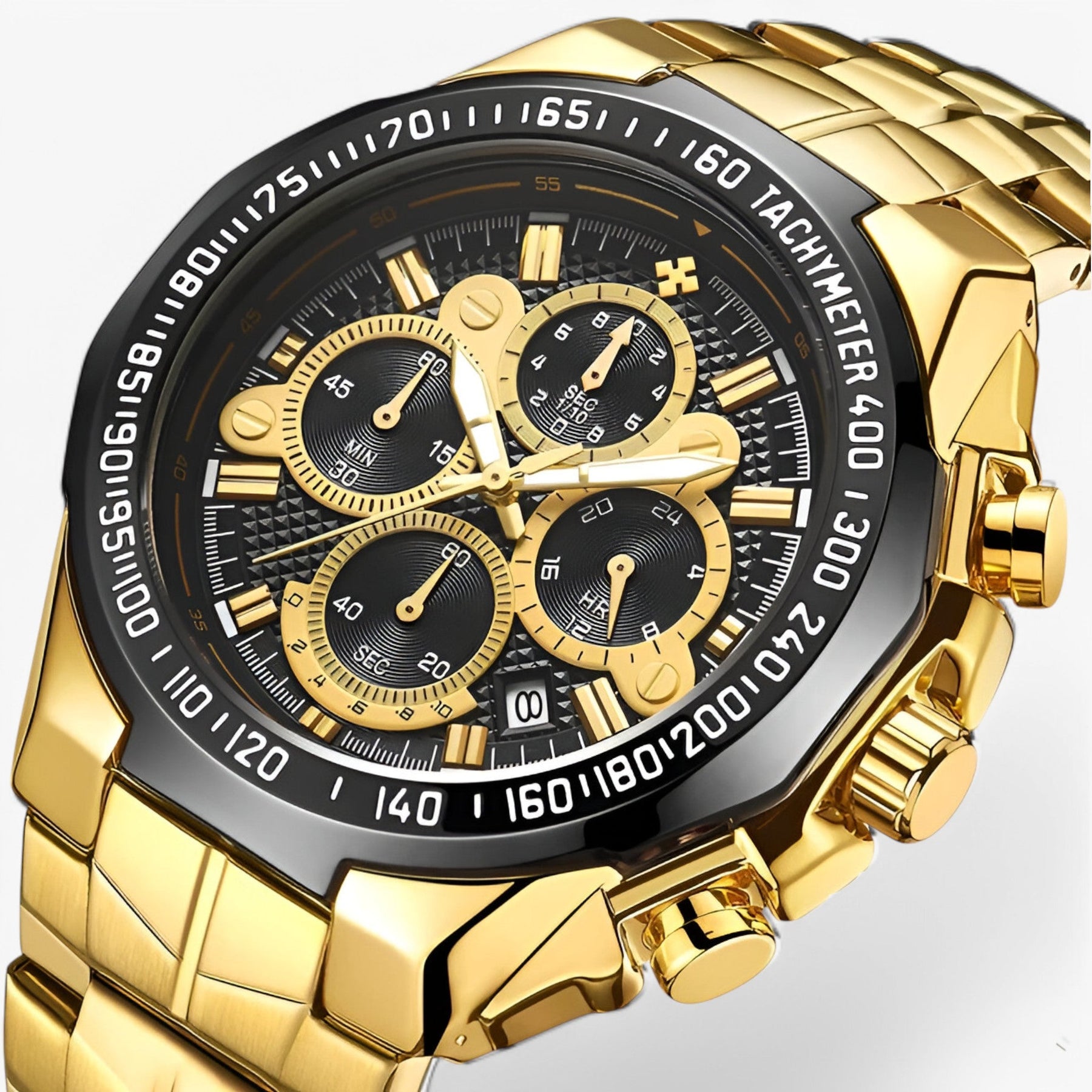 Watches : Luxe sporthorloge voor heren van zwart staal, elegante waterdichte chronograaf in zwart goud van Pantino