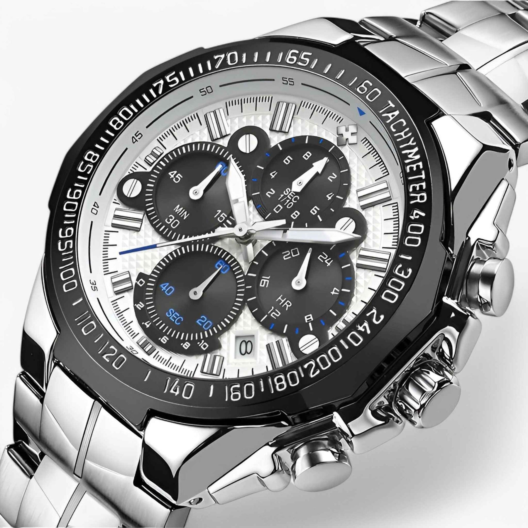 Watches : Luxe sporthorloge voor heren van zwart staal, elegante waterdichte chronograaf in zwart wit van Pantino