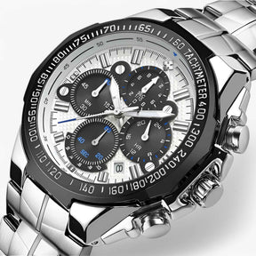 Watches : Luxe sporthorloge voor heren van zwart staal, elegante waterdichte chronograaf in zwart wit van Pantino