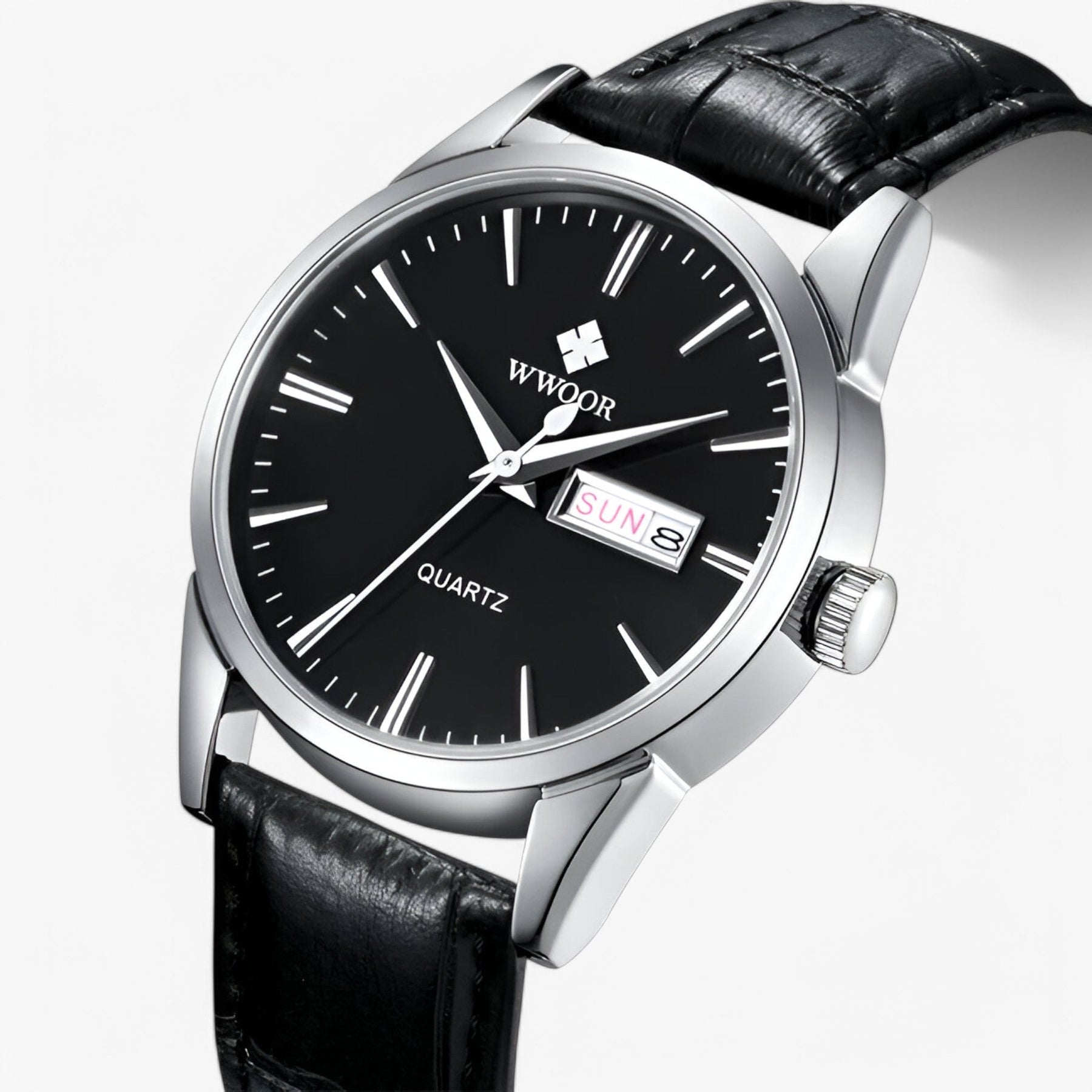 watches : Heren Horloge Zwart Zilver - Klassiek Luxe Leren Band in zwart zilver van Pantino