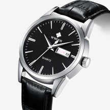 watches : Heren Horloge Zwart Zilver - Klassiek Luxe Leren Band in zwart zilver van Pantino