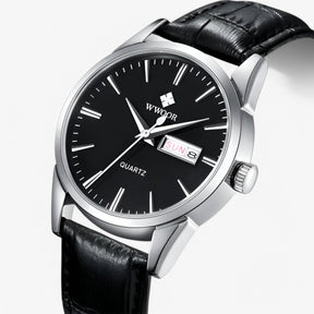 watches : Heren Horloge Zwart Zilver - Klassiek Luxe Leren Band in zwart zilver van Pantino