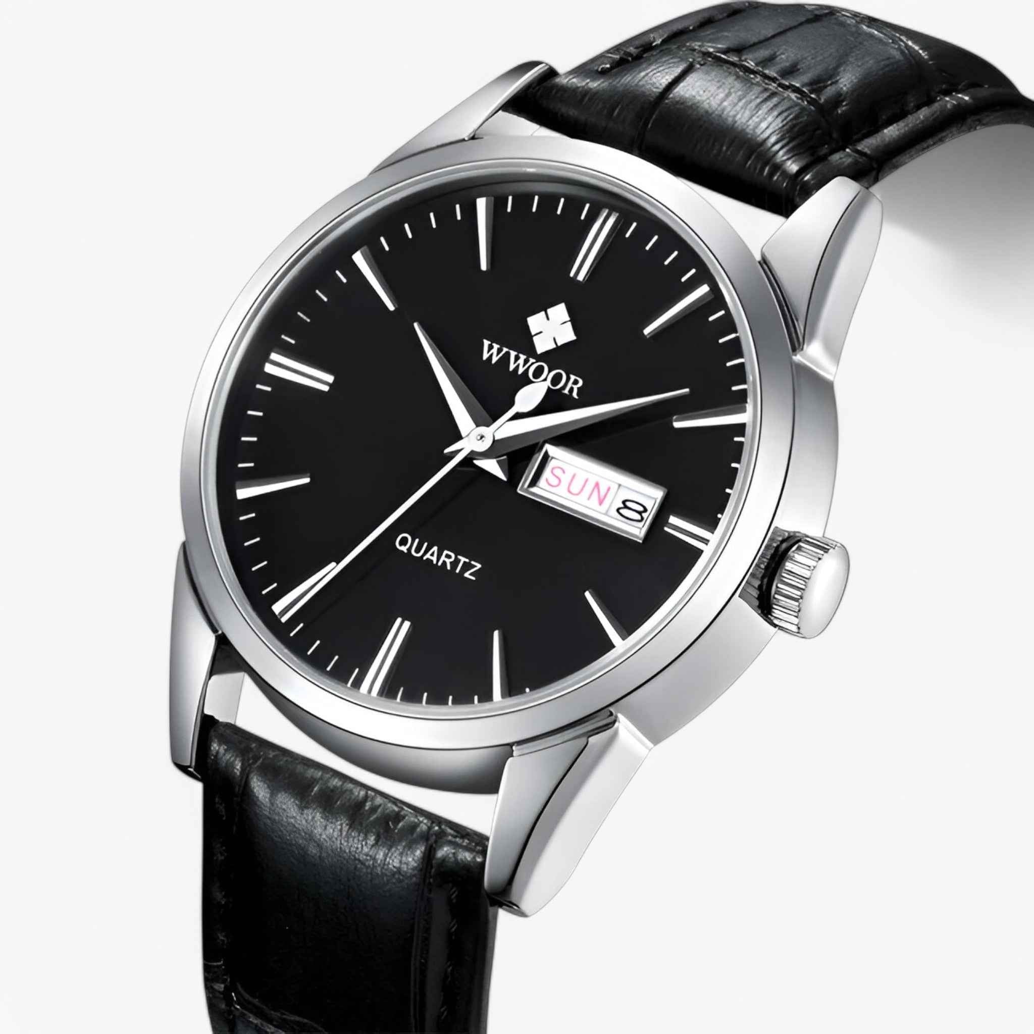 Watches : Herenhorloge Klassiek Elegant met Bruin Echt Leren Bandje, Slanke Kast in zwart zilver van Pantinoshop