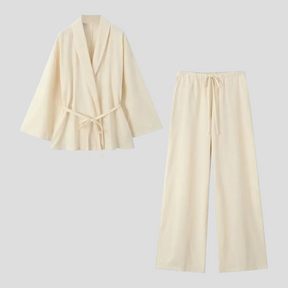 Outfit Sets : Kimono Elegante in Lino da Donna con Cintura - Perfetto per Estate e Primavera in Avorio van Pantino