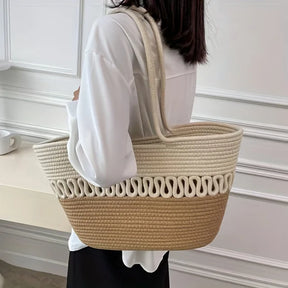 bags : Handgemaakte Schoudertas Dames - Grote Capaciteit Breipatroon Stro - Stro in Bruin van Pantino