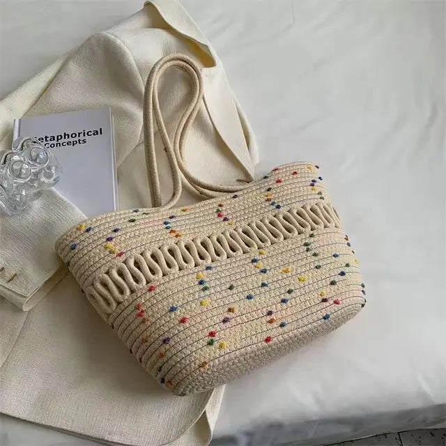 bags : Handgemaakte Schoudertas Dames - Grote Capaciteit Breipatroon Stro - Stro in Beige van Pantino