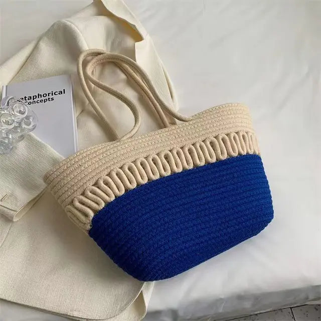 bags : Handgemaakte Schoudertas Dames - Grote Capaciteit Breipatroon Stro - Stro in Blauw van Pantino