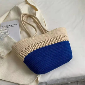 bags : Handgemaakte Schoudertas Dames - Grote Capaciteit Breipatroon Stro - Stro in Blauw van Pantino