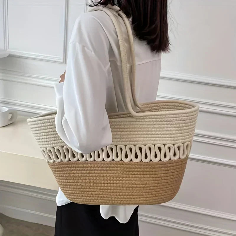 bags : Handgemaakte Schoudertas Dames - Grote Capaciteit Breipatroon Stro - Stro in van Pantino