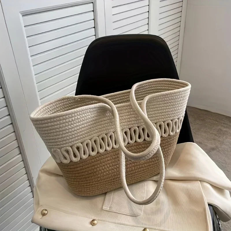 bags : Handgemaakte Schoudertas Dames - Grote Capaciteit Breipatroon Stro - Stro in van Pantino