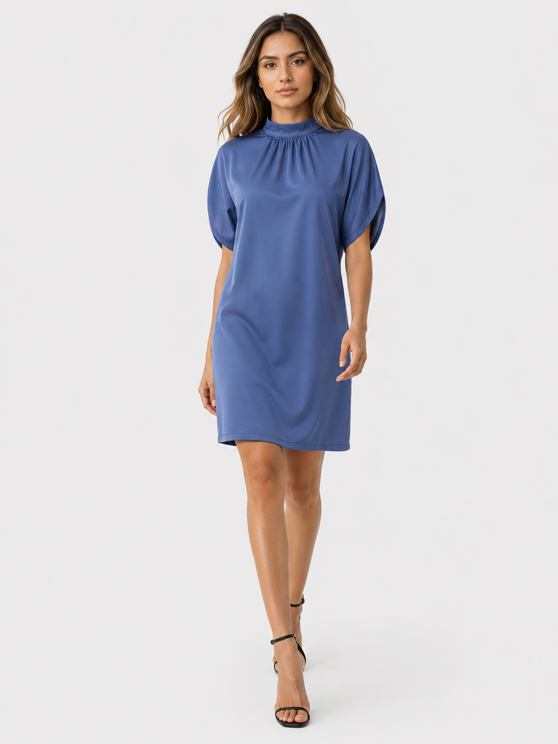 Mini dresses : Dames Jurk van Polyester met Opstaande Geplooide Kraag in Blauw van Pantinoshop