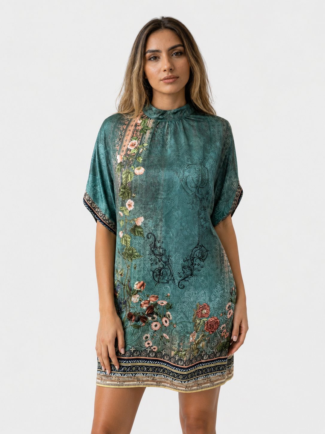 Mini dresses : Dames Jurk van Polyester met Opstaande Geplooide Kraag in Zeegroen van Pantinoshop