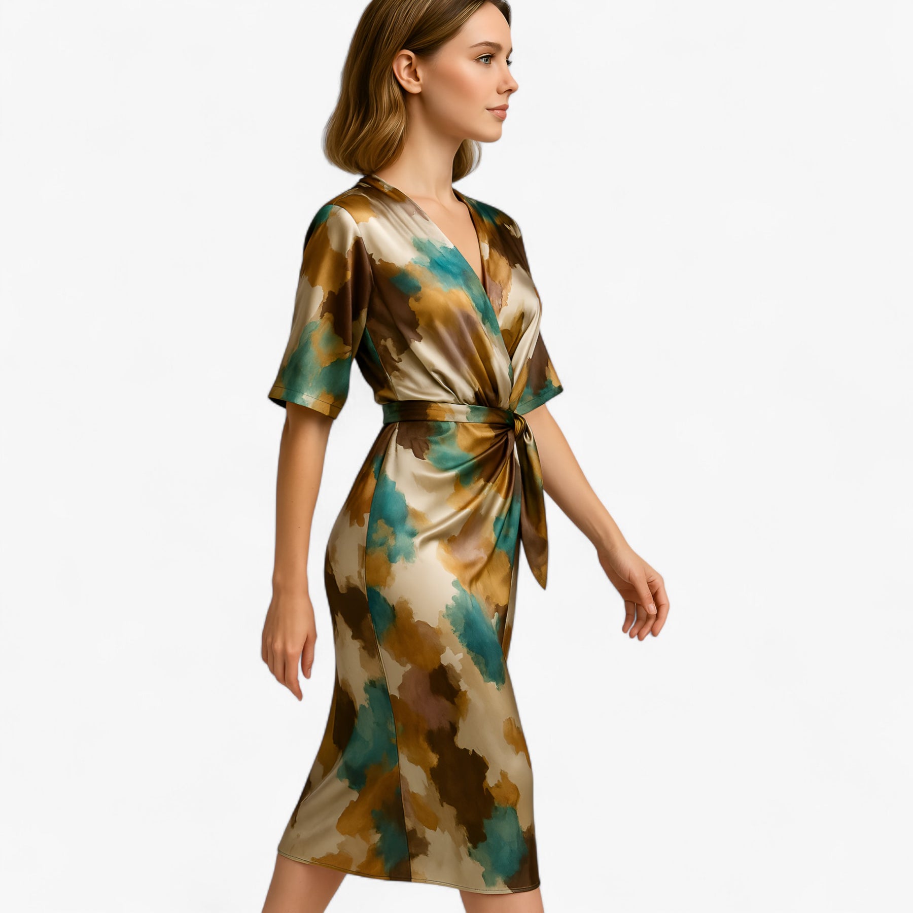 Women's Dress : Lange Jurk Dames met Abstracte Print - Khaki in van Pantino