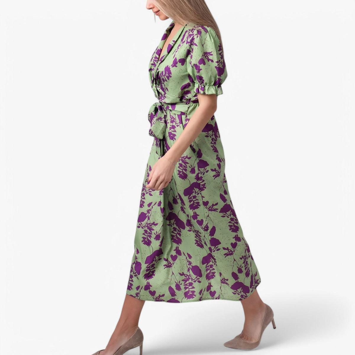 Maxi Dress : Lange Jurk Dames met Bloemenprint - Groen en Paars in van Pantino
