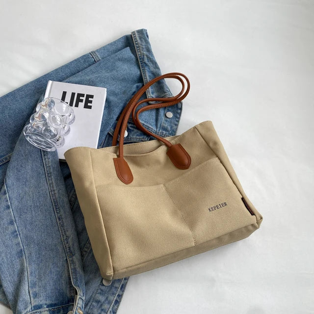 bags : Handtas Dames Beige - Grote Capaciteit PU Leren Band - Canvas in Khaki van Pantino