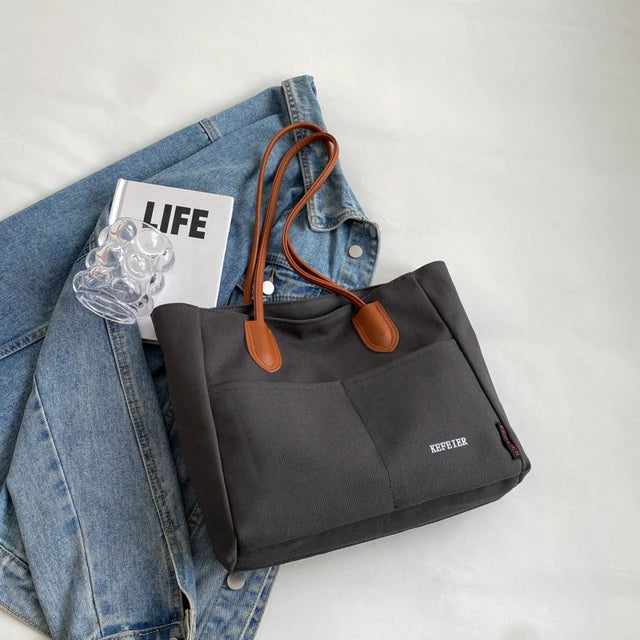 bags : Handtas Dames Beige - Grote Capaciteit PU Leren Band - Canvas in Zwart van Pantino