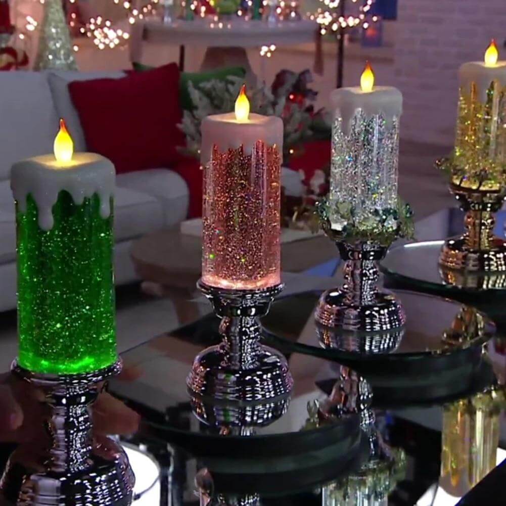 home & garden : Kleur Veranderende LED Water Kaars met Glitter - Gouden Basis in Zilveren basis van Pantino