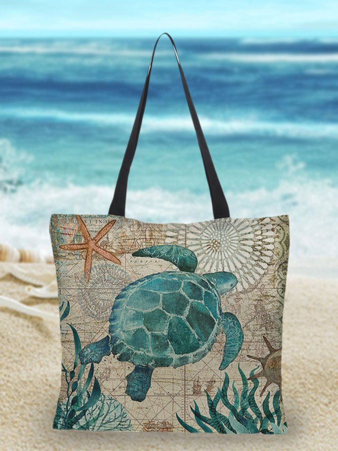 bags : Linnen Strandtas met Zeeprint in Schildpad van Pantino
