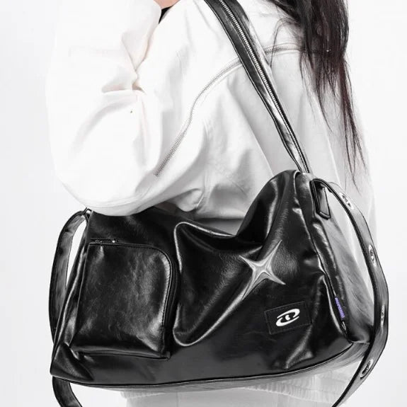 bags : Y2K Schoudertas Dames - Luxe PU-Leer Trendy Vintage Stijl - PU-Leer in zwart 38X21X13cm van Pantino