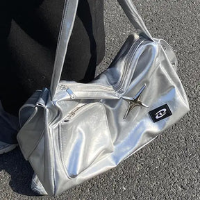 bags : Y2K Schoudertas Dames - Luxe PU-Leer Trendy Vintage Stijl - PU-Leer in zilver 38X21X13cm van Pantino