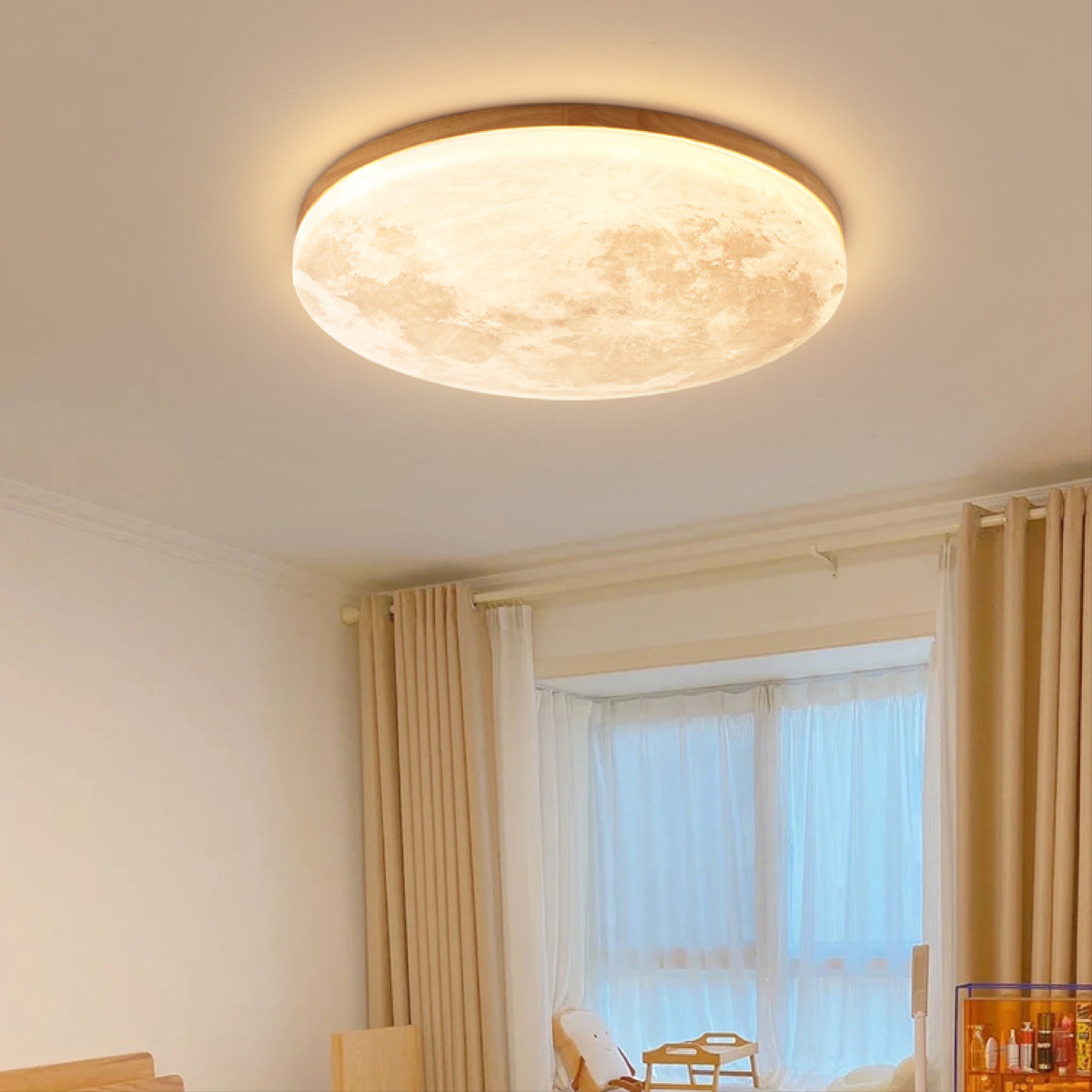 Moderne Maan Plafondlamp – 3D Maandesign met Houten Kader