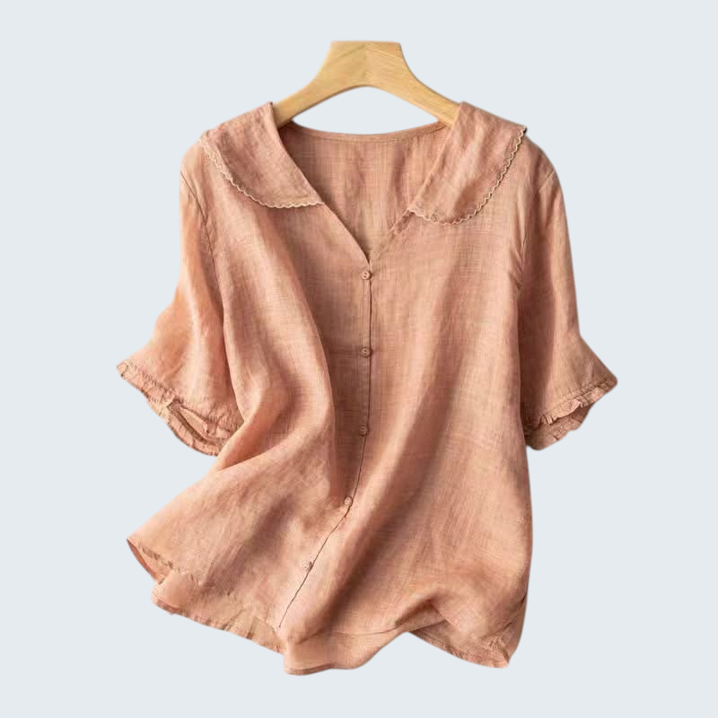 : Linnen Blouse Dames - Luchtig, Relaxte Pasvorm met Geschulpte Kraag in Perzik van Pantinoshop