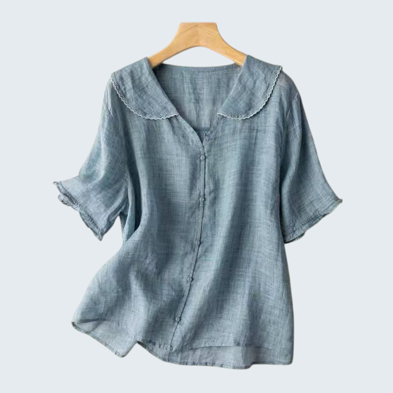 : Linnen Blouse Dames - Luchtig, Relaxte Pasvorm met Geschulpte Kraag in Blauw van Pantinoshop
