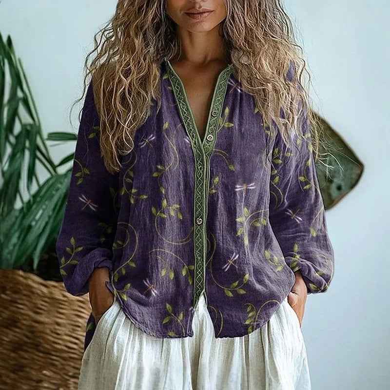 Dames Tops Blouses : Linnen Damesblouse - Vrolijke Bloemprint en Wijde Halslijn in Paars van Pantinoshop