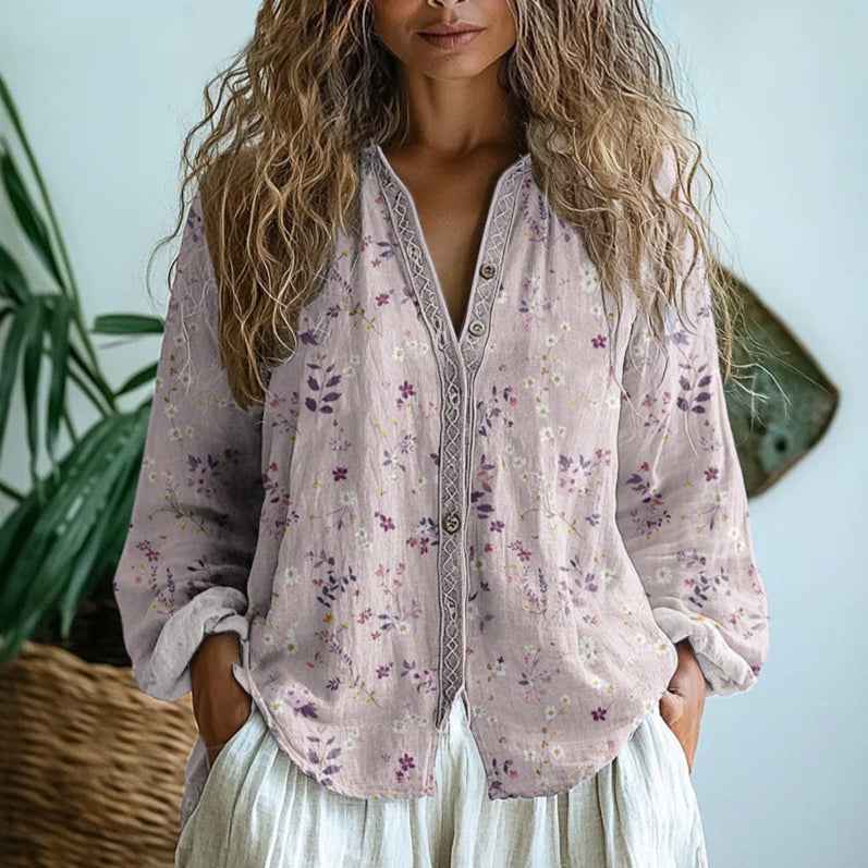 Dames Tops Blouses : Linnen Damesblouse - Vrolijke Bloemprint en Wijde Halslijn in Roze van Pantinoshop