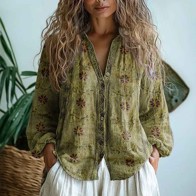 Dames Tops Blouses : Linnen Damesblouse - Vrolijke Bloemprint en Wijde Halslijn in Groen van Pantinoshop