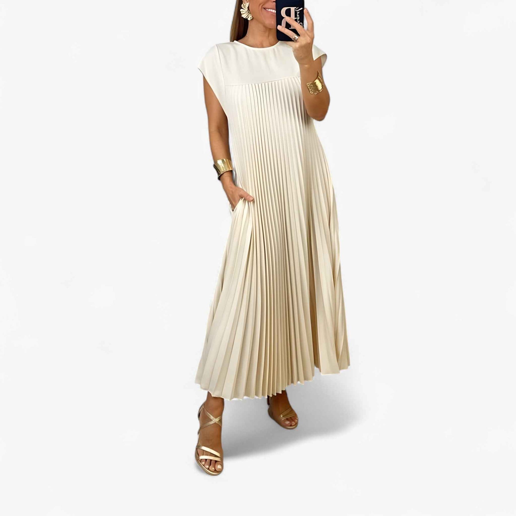 Jurken : Jurk Dames Beige - Mouwloze Elegante in Beige van Pantino