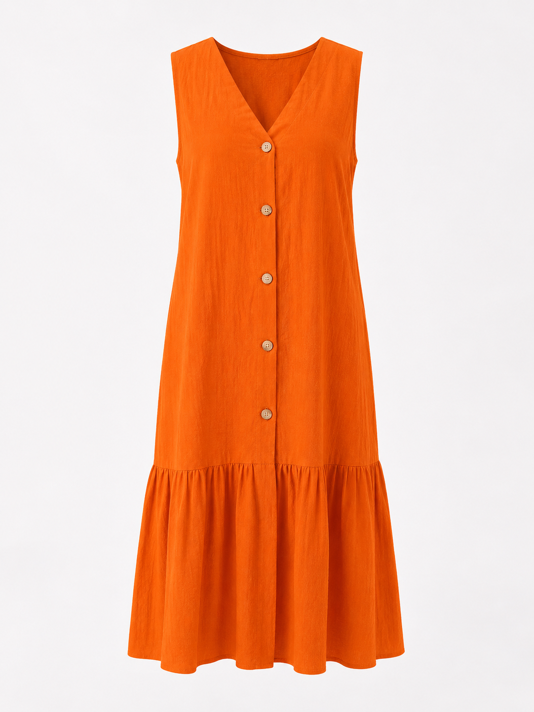 Dresses : Mouwloze Midi Jurk van Katoen-Linnen met V-Hals in Arancione van Pantino