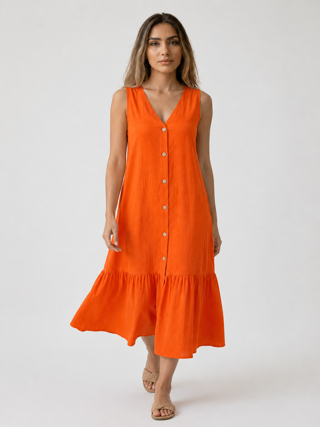 Dresses : Mouwloze Midi Jurk van Katoen-Linnen met V-Hals in van Pantino