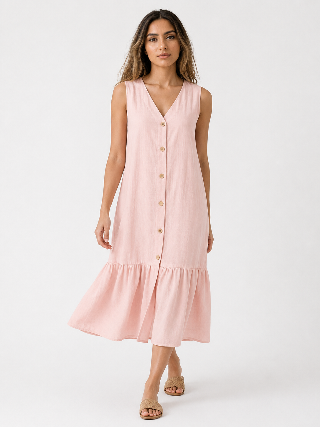 Dresses : Mouwloze Midi Jurk van Katoen-Linnen met V-Hals in van Pantino