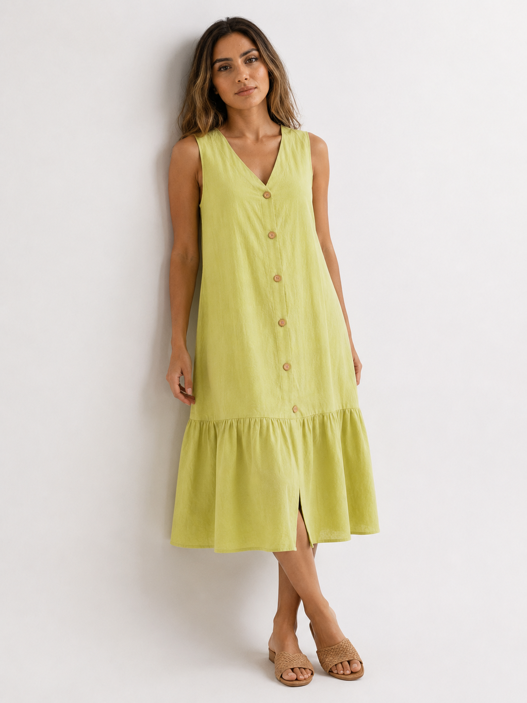 Dresses : Mouwloze Midi Jurk van Katoen-Linnen met V-Hals in van Pantino