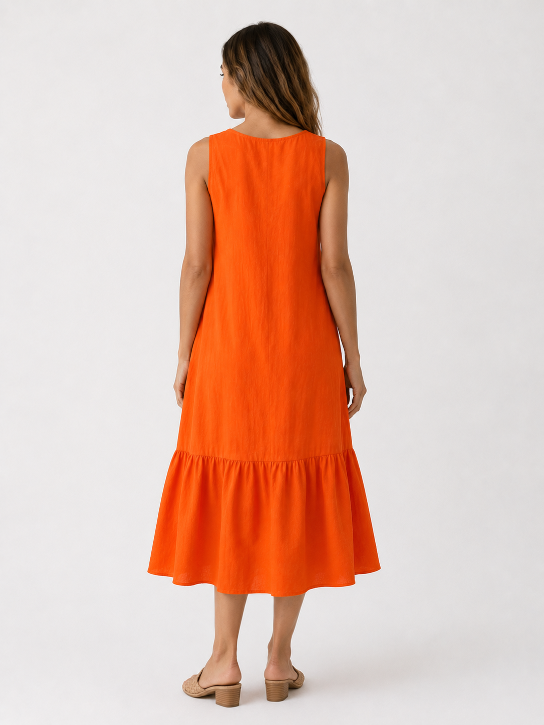 Dresses : Mouwloze Midi Jurk van Katoen-Linnen met V-Hals in van Pantino