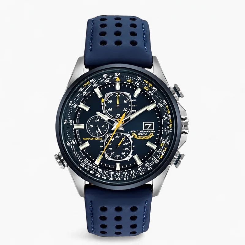 Watches : Heren Chronograaf Horloge MultiSteel 42mm, Zilverkleurig Staal met Elegante Blauwe Wijzerplaat in Blauwe riem met 4 knopen van Pantinoshop