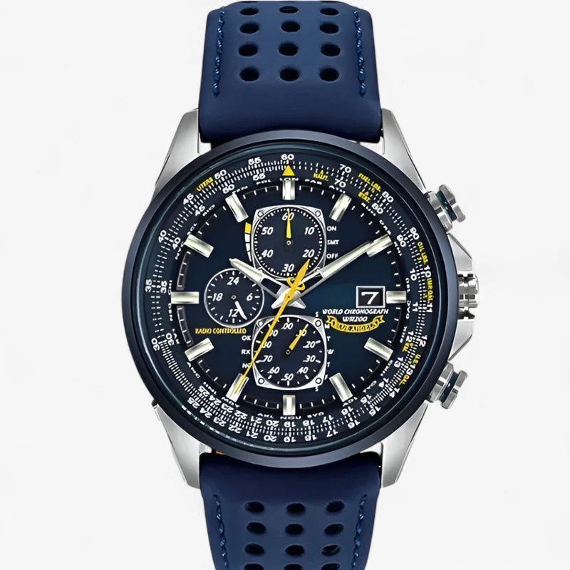 Watches : Heren Chronograaf Horloge MultiSteel 42mm, Zilverkleurig Staal met Elegante Blauwe Wijzerplaat in Blauwe riem met 3 knopen van Pantinoshop