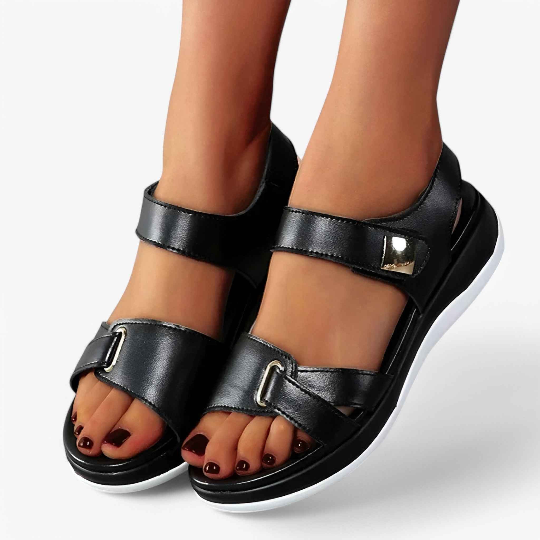 Sandals : Dames Comfortabele Orthopedische Leren Sandalen met Voetboogondersteuning in Nero van Pantino
