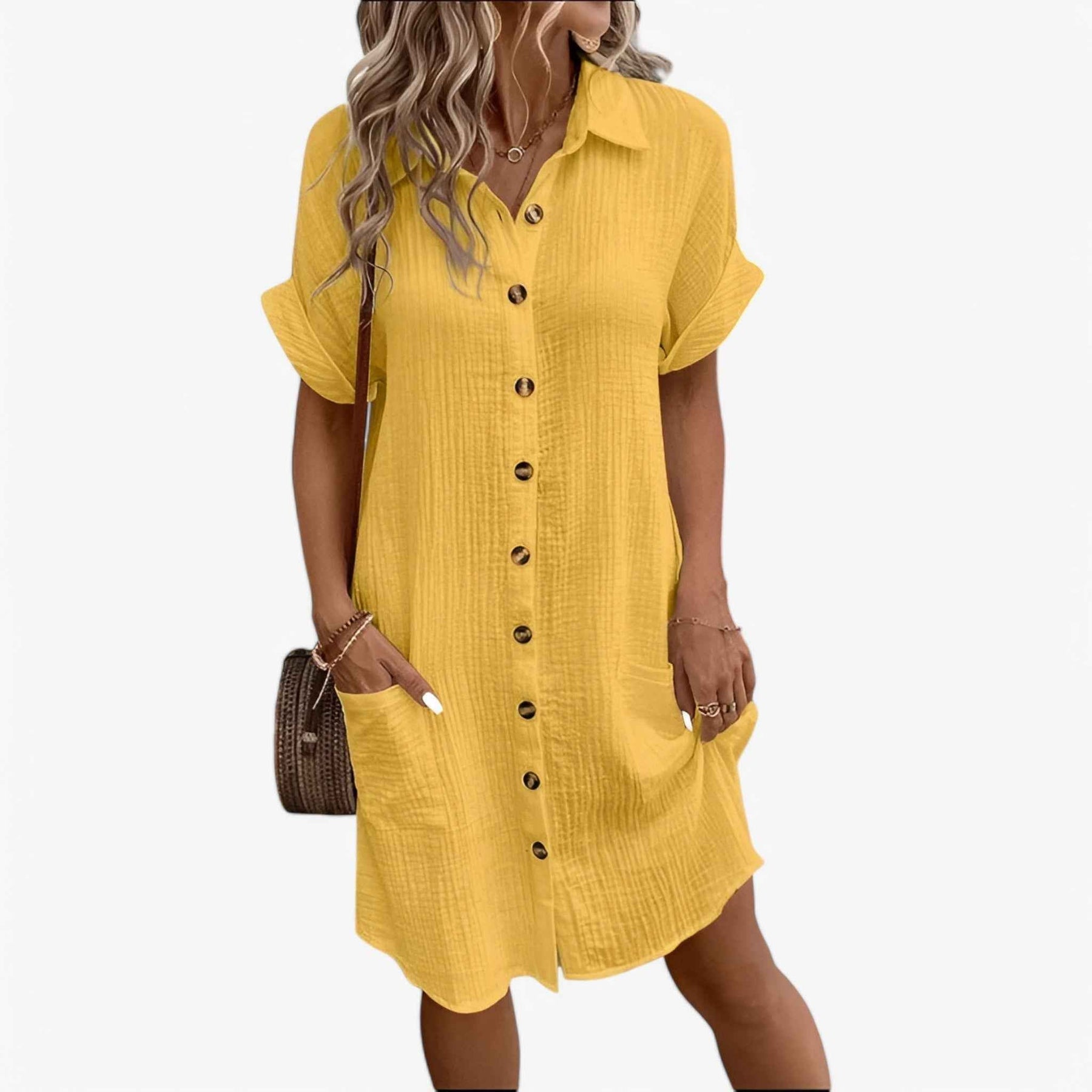 Dress : Dames Zomerjurk Lichtgewicht van Linnen-Katoenmix - Perfect voor Strand en Vakantie in Jaune van Pantino