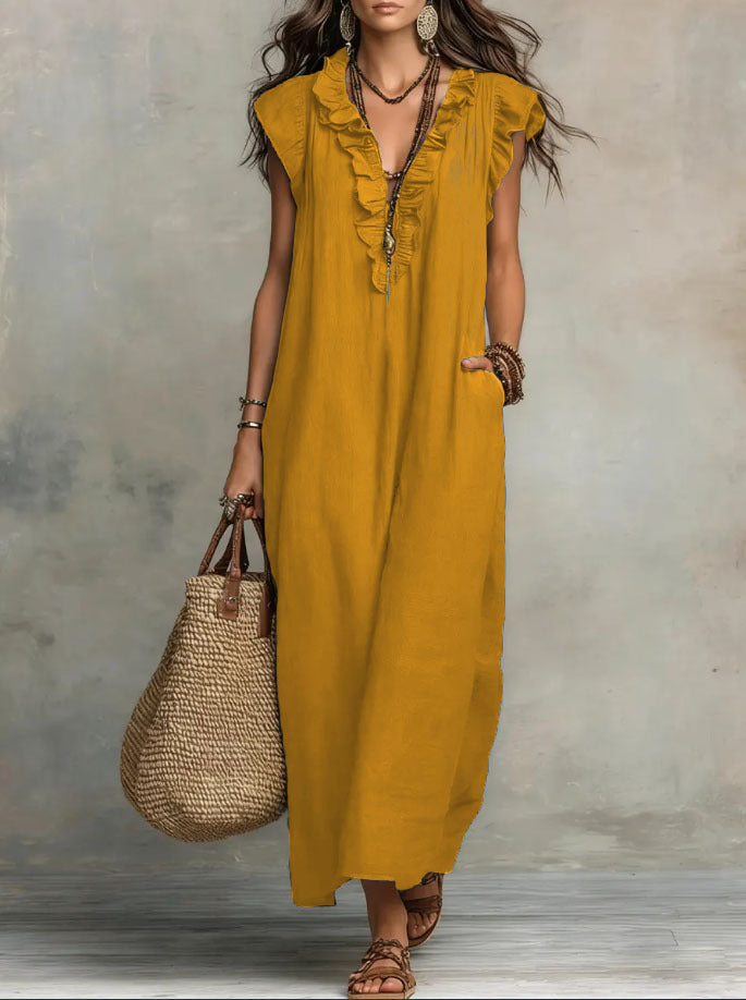 Dames Jurken : Boho Damesjurk - Vloeiend, Comfortabel en Luchtig Linnenmix in Geel van Pantinoshop
