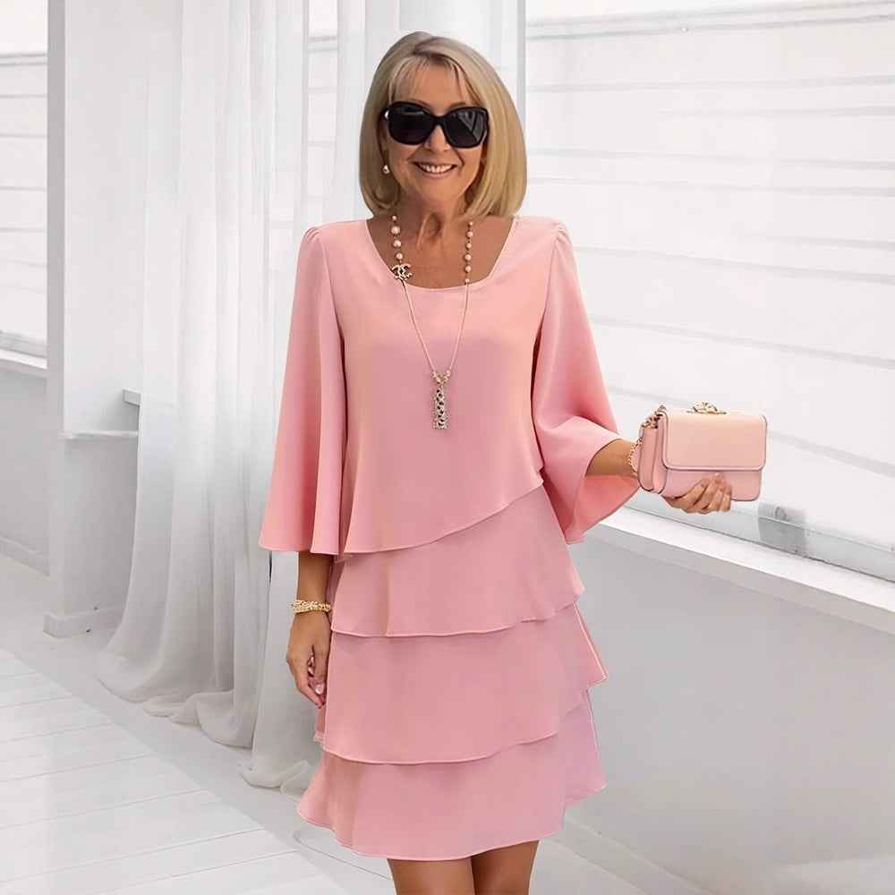 Jurken : Elegante Midi-jurk voor Dames - Sierlijke Ruches en A-lijn in Roze van Pantinoshop