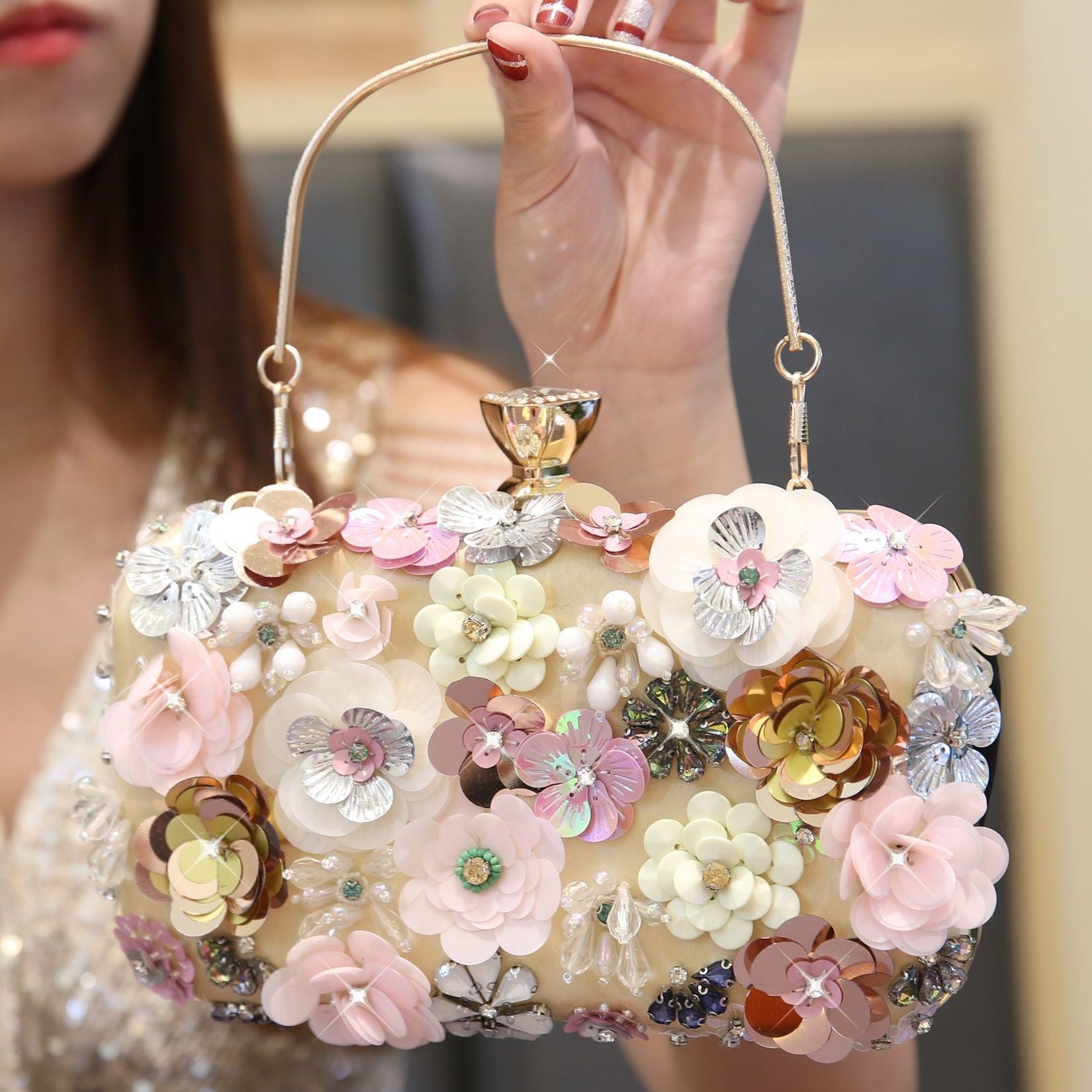 bags : Bloemen Handtas Dames Goud - Verfraaid met Parels Feestelijk - Stof in van Pantino