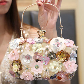 bags : Bloemen Handtas Dames Goud - Verfraaid met Parels Feestelijk - Stof in van Pantino