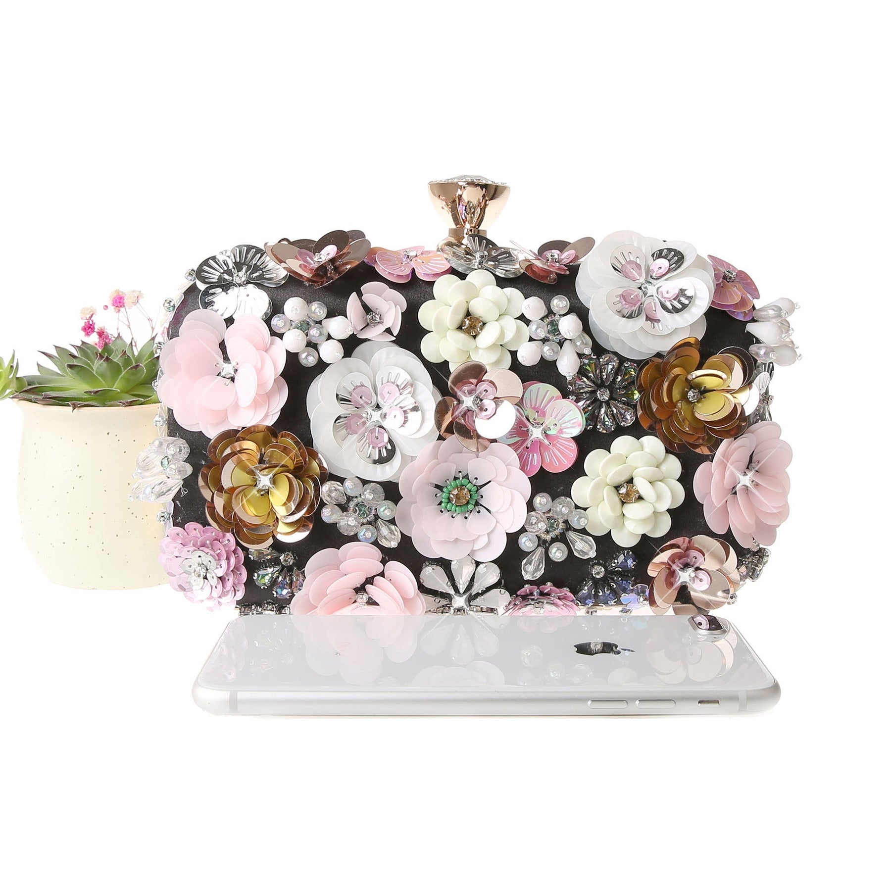 bags : Bloemen Handtas Dames Goud - Verfraaid met Parels Feestelijk - Stof in van Pantino
