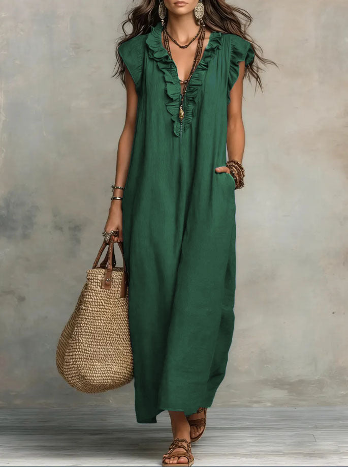 Dames Jurken : Boho Damesjurk - Vloeiend, Comfortabel en Luchtig Linnenmix in Olijfgroen van Pantinoshop