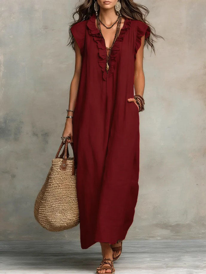 Dames Jurken : Boho Damesjurk - Vloeiend, Comfortabel en Luchtig Linnenmix in Wijnrood van Pantinoshop